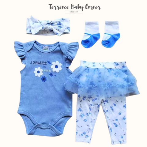 4pc Blue Flower Infant Girl Clothes Set