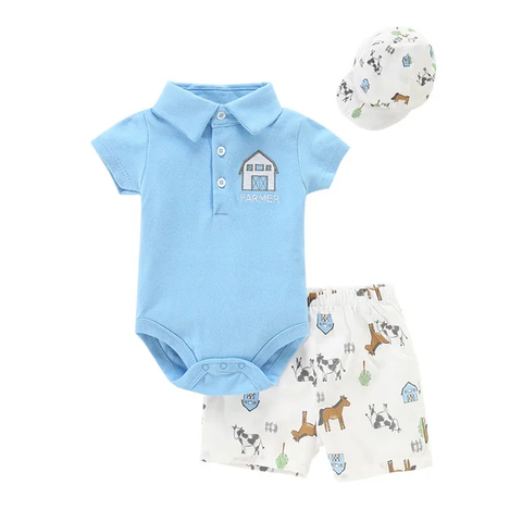 3pc Farmer Blue Infant Baby Cotton Clothes Set