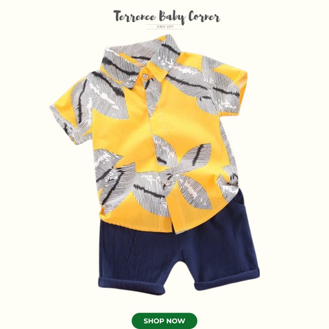 Toddler Kids Polo Yellow Leaves Terno Set