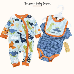 3pc Infant Dinosaur Coverall Bodysuit with Bib Set