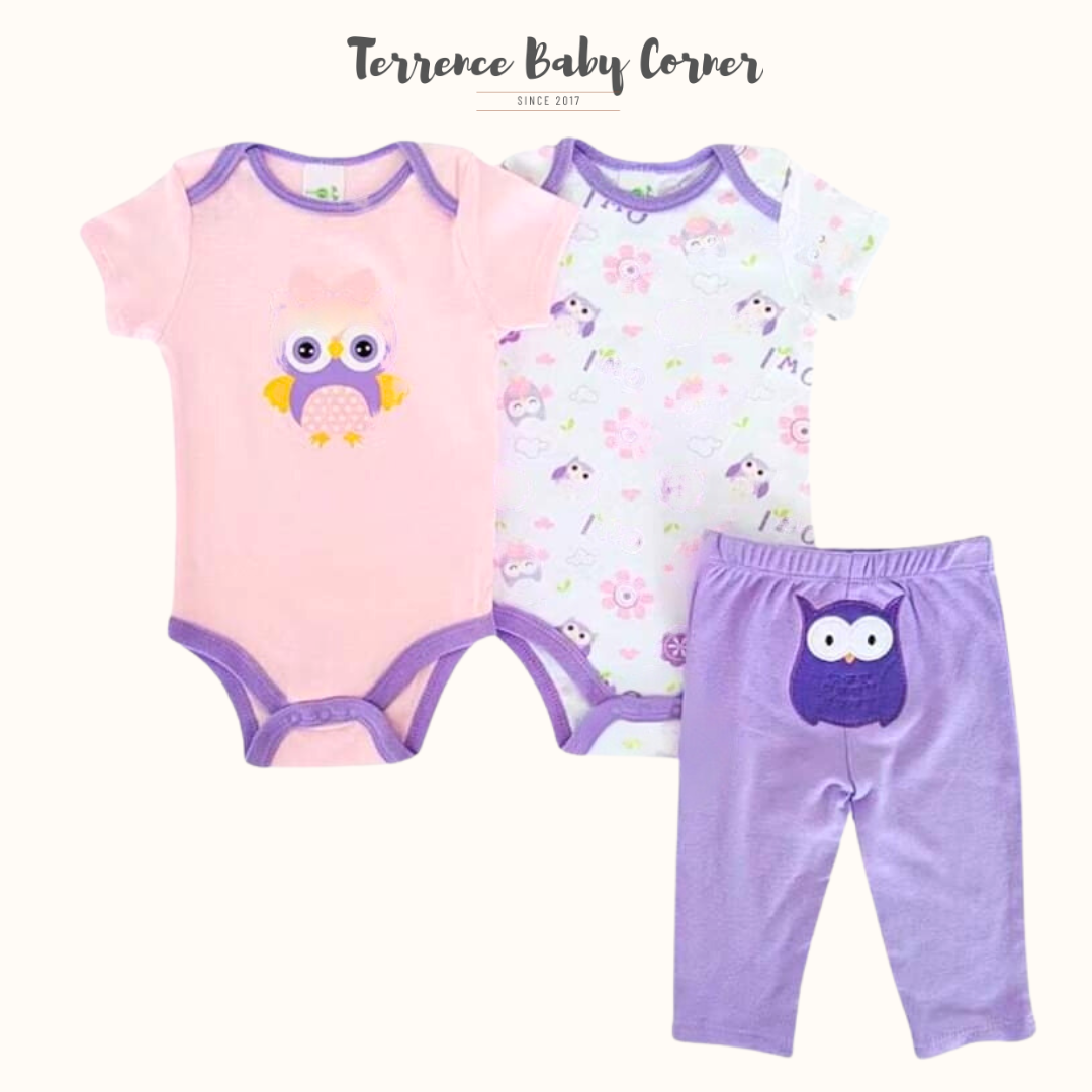 3pc Purple Owl Bodysuit Set