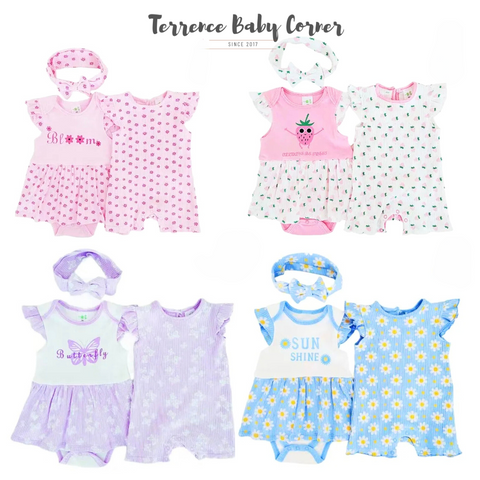 3pc Infant Girl Dress, Rompers with Turban Ootd Set