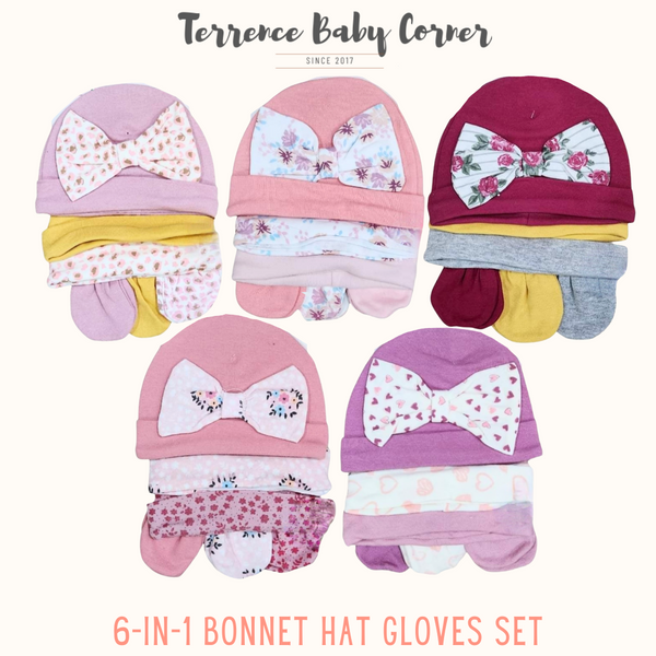 6-in-1 Baby Girl Hat & Mittens Set