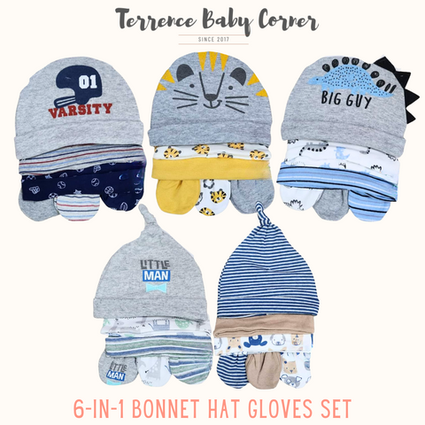 6-in-1 Baby Boy Hat & Mittens Set