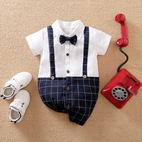 Infant Gentlemen Checkered Navy Blue Formal Romper