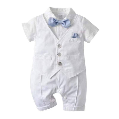 Formal Occasional White Blue Bow Tie Romper